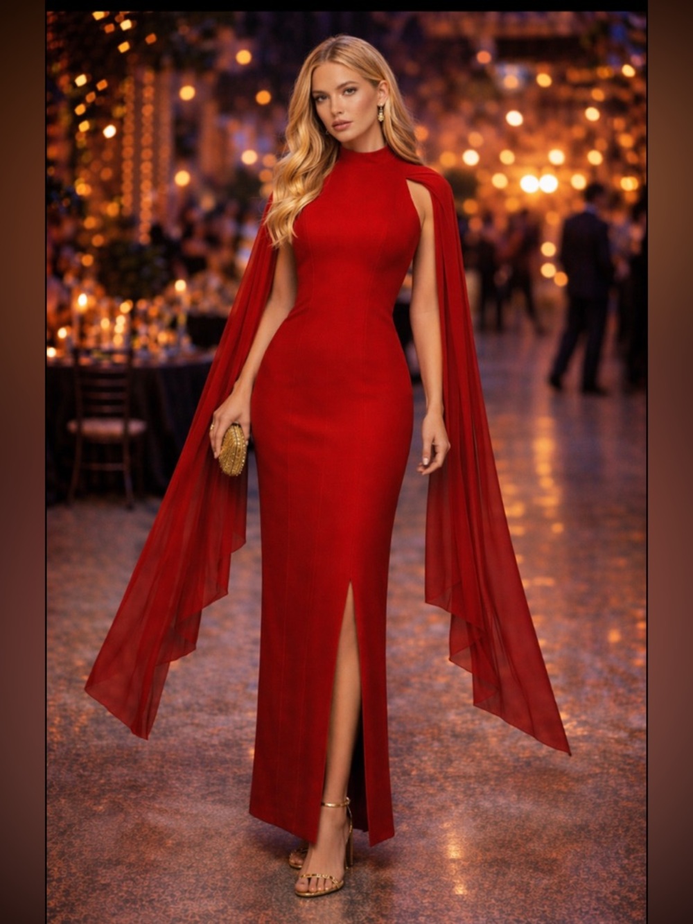 NWT DOSE Red maxi dress with long chiffon cape sleeve size M